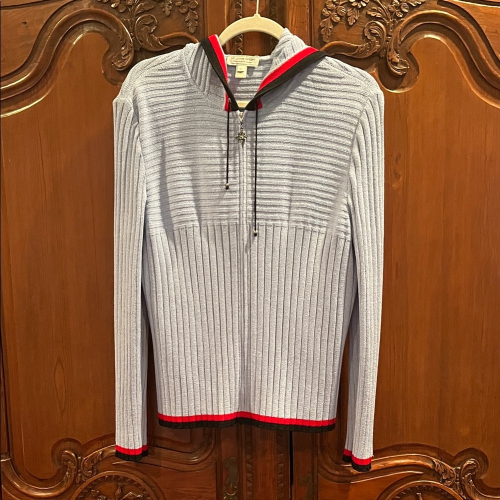 Light Blue Ribbed Women's Sweater with Red Accents